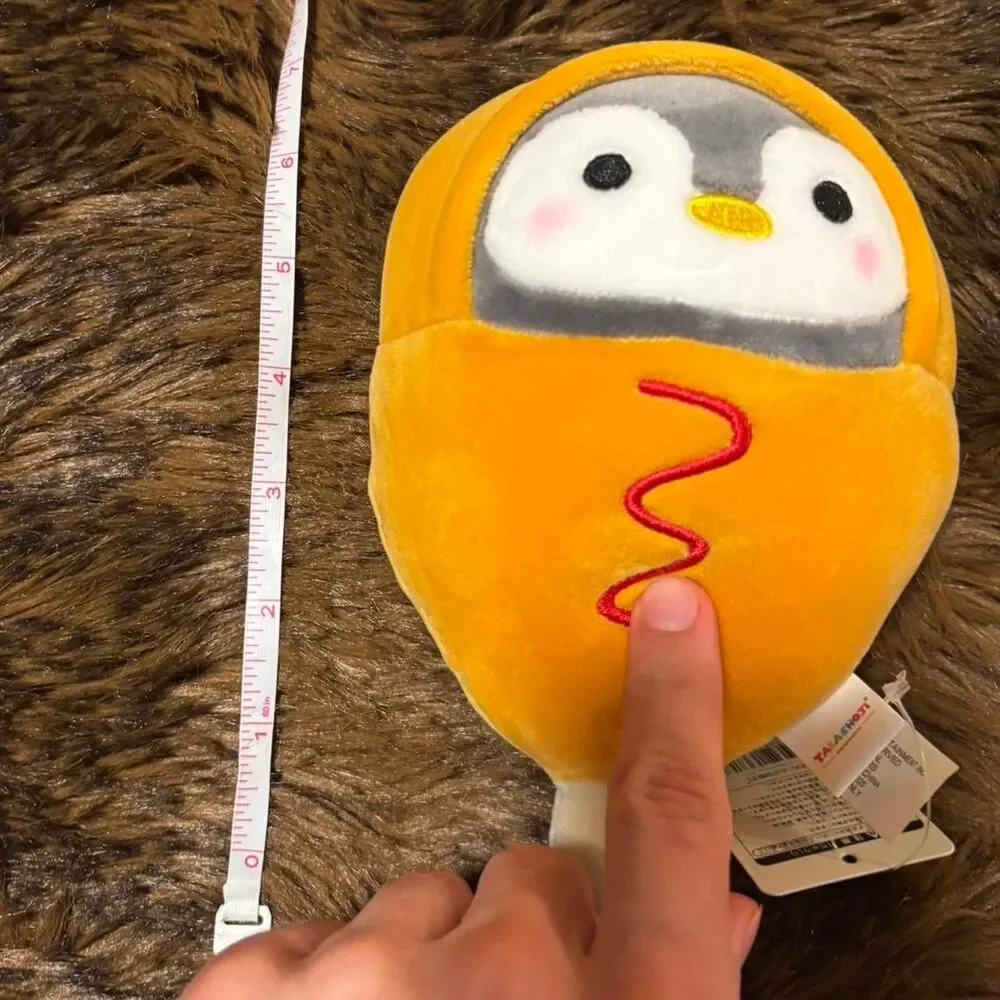 NWT Yellow Takashoji Penguin plush dressed as a corn dog w/ ketchup 7” Round One